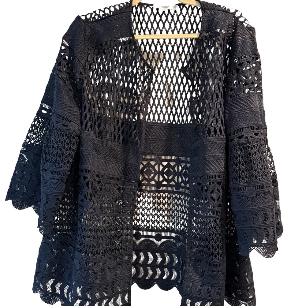 Navy Crochet Open-Front Cardigan